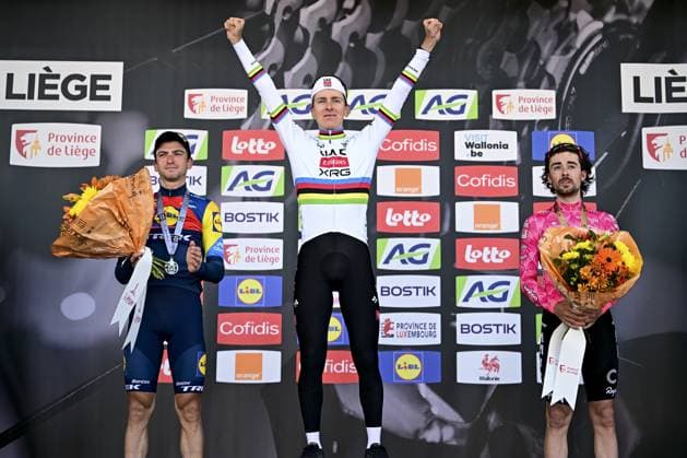 Italian Giulio Ciccone, Slovenian Tadej Pogacar of UAE Team Emirates and Irish Ben Healy of EF Education-EasyPost celebrates on the podium after winning the men elite race of the Liege-Bastogne-Liege one day cycling event, 252km from Liege, over Bastogne to Liege, Sunday 27 April 2025. MAARTENxSTRAETEMANS  x122000935x