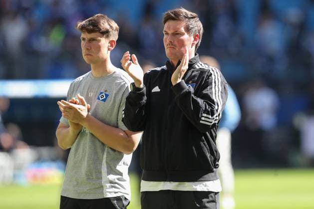 27 04 2025, xtgx, Soccer 2 Bundesliga, Hamburger SV Karlsruher SC emspor, v l Merlin Polzin HSV, Coach Thanks the Fans DFL DFB REGULATIONS PROHIBIT ANY USE OF PHOTOGRAPHS as IMAGE SEQUENCES and or QUASI VIDEO Hamburg