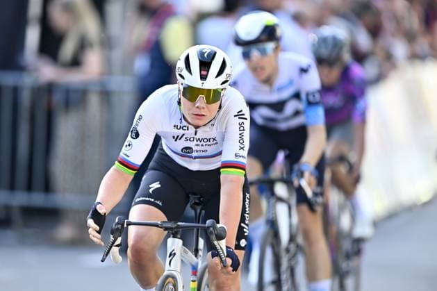Belgian Lotte Kopecky of SD Worx-Protime pictured in action during the women elite race of the Liege-Bastogne-Liege one day cycling event, 152,9km from Bastogne to Liege, Sunday 27 April 2025. ERICxLALMAND  x122003731x