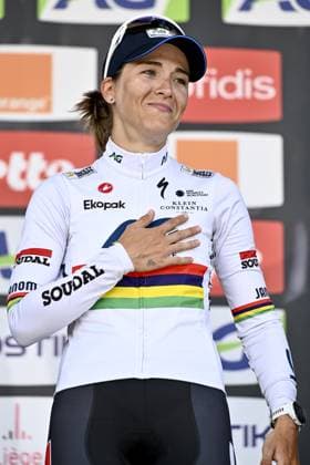 Kim Le Court celebrates on the podium after winning the women elite race of the Liege-Bastogne-Liege one day cycling event, 152,9km from Bastogne to Liege, Sunday 27 April 2025. ERICxLALMAND  x122005980x