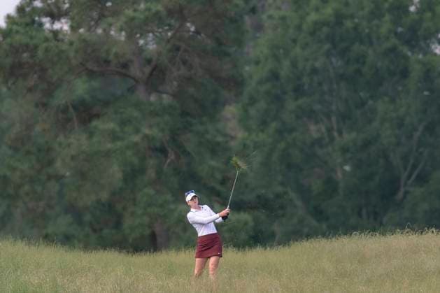 April 27, 2025, The Woodlands, Texas, USA: GABRIELA RUFFELS (AUS) hits her second shot in the rough on the 2nd fairway during the final round of the 2025 Chevron Championship at The Club at Carlton Woods in The Woodlands, Texas, on Sunday, April 27, 2025. The Woodlands USA - ZUMAp213 20250427_znp_p213_004 Copyright: xLynnxPenningtonx