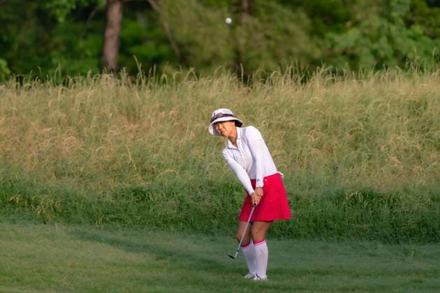 April 27, 2025, The Woodlands, Texas, USA: JENNY SHIN (KOR) chips on the 2nd green during the final round of the 2025 Chevron Championship at The Club at Carlton Woods in The Woodlands, Texas, on Sunday, April 27, 2025. The Woodlands USA - ZUMAp213 20250427_znp_p213_025 Copyright: xLynnxPenningtonx