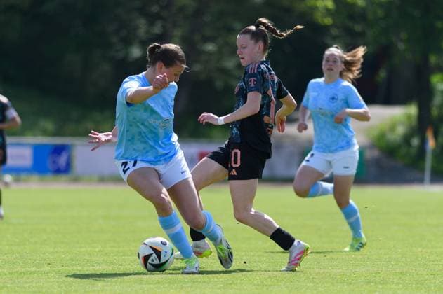 Aschheim, Germany, April 27th, 2025: Malou Müller (27 SG 99 Andernach) and Sarah Ernst (10 FC Bayern Munich II) during the 2. Frauen-Bundesliga match between FC Bayern Munich II and SG 99 Andernach at Sportpark Aschheim, Germany. (Sven Beyrich SPP) Copyright: xSvenxBeyrich SPPx spp-en-SvBe-20250427-D4S_0006