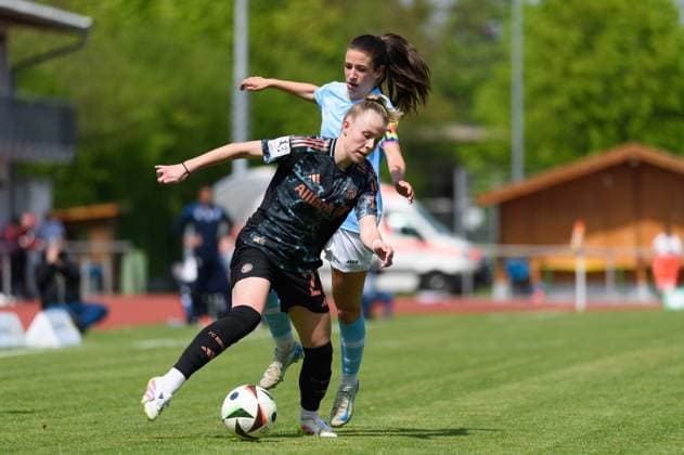 Aschheim, Germany, April 27th, 2025: Laura Gloning (27 FC Bayern Munich II) and Lisa Kossmann (6 SG 99 Andernach) during the 2. Frauen-Bundesliga match between FC Bayern Munich II and SG 99 Andernach at Sportpark Aschheim, Germany. (Sven Beyrich SPP) Copyright: xSvenxBeyrich SPPx spp-en-SvBe-20250427-D4S_0129