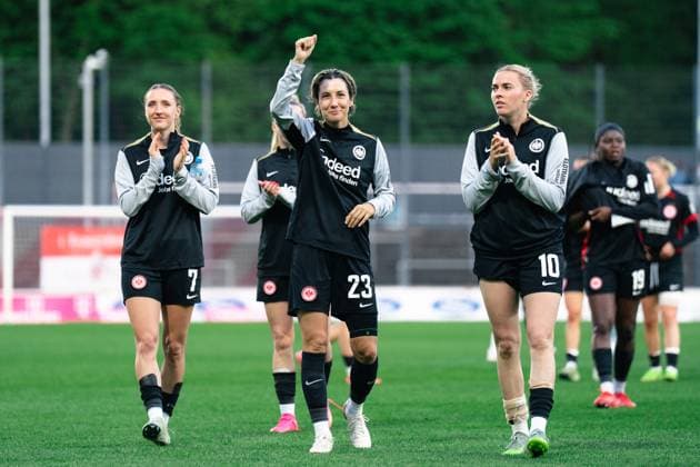 Cologne, Germany 27th April 2025: (Laura Freigang, 10), (Sara Doorsoun, 23) and (Lara Prasnikar, 7) after the Google Pixel Frauen Bundesliga game between 1. FC Köln and Eintracht Frankfurt at Franz-Kremer Stadium in Cologne, Germany (Leonie Kiehl SPP) Copyright: xLeoniexKiehlx xSPPx spp-en-LeKiSp-_DSC3101