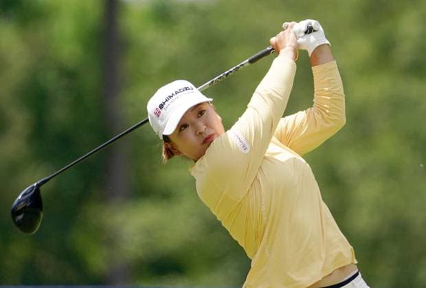 Golf: Chevron Championship Japanese golfer Mao Saigo hits off the second tee in the final round of the Chevron Championship at The Club at Carlton Woods in The Woodlands, Texas, on April 27, 2025.  A14AA0004499849P