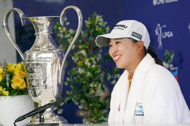 Golf: Chevron Championship Japanese golfer Mao Saigo attends a press conference, PK, Pressekonferenz after winning the Chevron Championship in a five-way playoff at The Club at Carlton Woods in The Woodlands, Texas, on April 27, 2025.  A14AA0004499935P