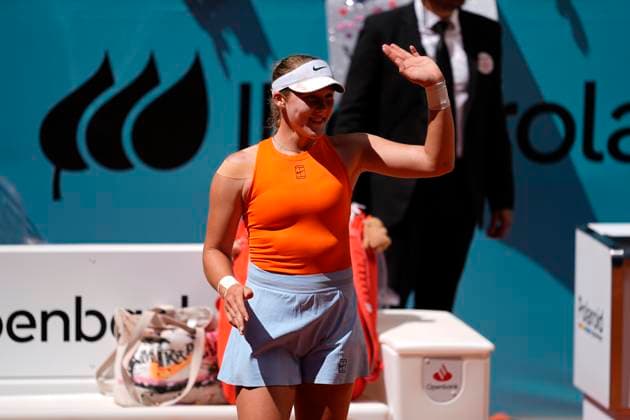 April 28, 2025, Madrid, Madrid, Spain: Mirra Andreeva of Russia reacts after winning against Yuliia Starodubtseva of Ukraine during the Mutua Madrid Open 2025, ATP, Tennis Herren Masters 1000 and WTA, Tennis Damen 1000 tennis tournament, celebrated at Caja Magica on April 28, 2025 in Madrid, Spain. Madrid Spain - ZUMAa181 20250428_zaa_a181_083 Copyright: xOscarxJ.xBarrosox