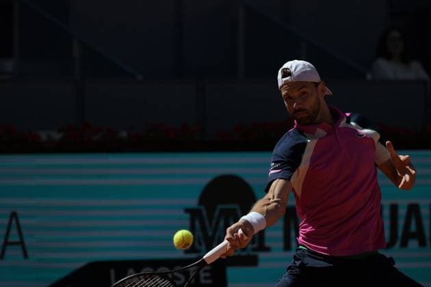 April 28, 2025, Madrid, Madrid, Spain: GRIGOR DIMITROV of Bulgaria against JACOB FEARNLEY of Great Britain during the Round of 32 match on Day Seven of the Mutua Madrid Open at La Caja Magica. Madrid Spain - ZUMAd308 20250428_zsp_d308_019 Copyright: xJuanxCarlosxLucasx