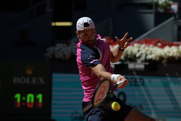 April 28, 2025, Madrid, Madrid, Spain: GRIGOR DIMITROV of Bulgaria against JACOB FEARNLEY of Great Britain during the Round of 32 match on Day Seven of the Mutua Madrid Open at La Caja Magica. Madrid Spain - ZUMAd308 20250428_zsp_d308_023 Copyright: xJuanxCarlosxLucasx