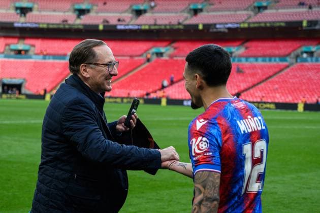 LONDON, ENGLAND - APRIL 26: John Textor and Daniel Munoz during the Emirates FA Cup Semi Final match between Crystal Palace and Aston Villa at Wembley Stadium on April 26, 2025 in London, England. Photo by Sebastian Frej EDITORIAL USE ONLY. No use with unauthorized audio, video, data, fixture lists, club league logos or live services. Online in-match use limited to 120 images, no video emulation. No use in betting, games or single club league player publications Crystal Palace v Aston Villa - Emirates FA Cup Semi Final Copyright: xSebastianxFrejx