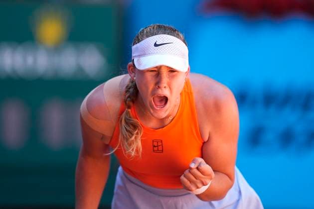 April 28, 2025, Madrid, Spain: MIRRA ANDREEVA, 17 of Russia reacts after winning against Y. Starodubtseva, 25, of Ukraine during the Mutua Madrid Open 2025 tennis tournament, celebrated at Caja Magica. Andreeva won 6:1, 6:4. Madrid Spain - ZUMAa181 20250428_zaa_a181_081 Copyright: xOscarxJ.xBarrosox