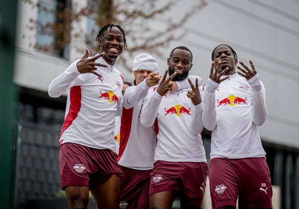 Leipzigs El Chadaille Bitshiabu, Xavi Simons Lutsharel Geertruida and Castello Junior Lukeba training RB Leipzig on April 15, 2025 Red Bull Academy, Leipzig Public training RB Leipzig