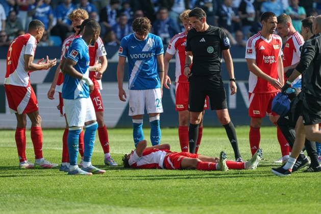 1 Bundesliga VfL Bochum 1 FC Union Berlin on 27 04 2025 at the Vonovia Ruhrstadion in Bochum Diogo Filipe Monteiro Pinto Leite Union Berlin 4 Injured, injury, pain MH