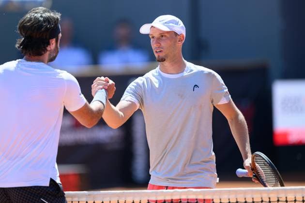 TENNIS - ATP, Tennis Herren DANUBE Upper Austria Open MAUTHAUSEN,AUSTRIA,29.APR.25 - TENNIS - ATP Challenger Tour, DANUBE Upper Austria Open. Image shows Filip Misolic (AUT) and Nikoloz Basilashvili (GEO).  GEPAxpictures xChristianxMoser