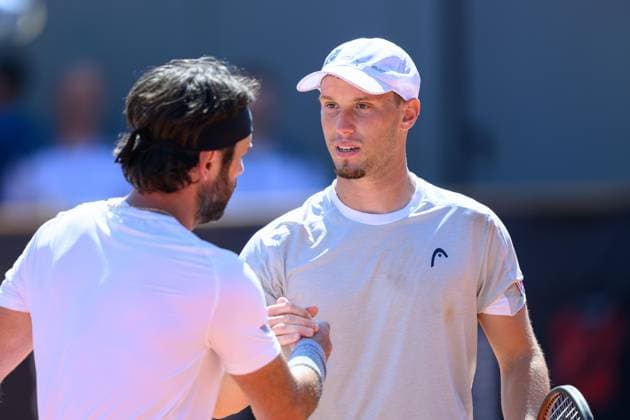 TENNIS - ATP, Tennis Herren DANUBE Upper Austria Open MAUTHAUSEN,AUSTRIA,29.APR.25 - TENNIS - ATP Challenger Tour, DANUBE Upper Austria Open. Image shows Filip Misolic (AUT) and Nikoloz Basilashvili (GEO).  GEPAxpictures xChristianxMoser