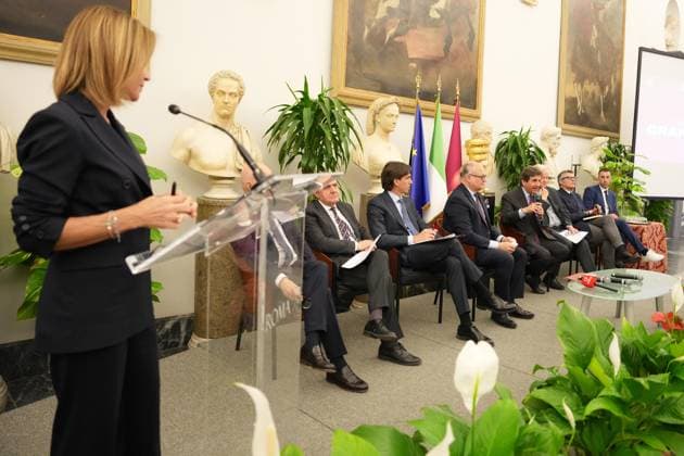 Stefano Baringelli Mauro Vegni Alessandro Onorato Roberto Gualtieri Urbano Cairo Paul Tighe Paolo Bellino Vincenzo Nibali during the Presentation of the Grand Arrival of Giro d Italia 108 in Rome, Italy - Tuesday April 29, 2025 - cycling ( Photo by Alfredo Falcone LaPresse )  Copyright: xAlfredoxFalcone LaPressex