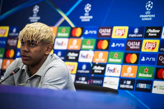 FC Barcelona, Barca press conference, PK, Pressekonferenz Lamine Yamal of FC Barcelona looks on during the press conference of FC Barcelona on the eve of the UEFA Champions League 2024 25 semi-final first leg football match against FC Internazionale. Sant Joan Despi Spain Copyright: xNicolòxCampox