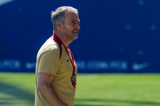 FC Barcelona, Barca training Hansi Flick, head coach of FC Barcelona, smiles during the training of FC Barcelona on the eve of the UEFA Champions League 2024 25 semi-final first leg football match against FC Internazionale. Sant Joan Despi Spain Copyright: xNicolòxCampox