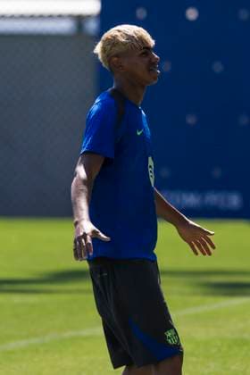 FC Barcelona, Barca training Lamine Yamal of FC Barcelona gestures during the training of FC Barcelona on the eve of the UEFA Champions League 2024 25 semi-final first leg football match against FC Internazionale. Sant Joan Despi Spain Copyright: xNicolòxCampox