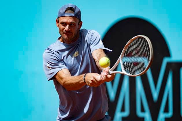 Mutua Madrid Open 2025 Tommy Paul of the USA plays a backhand against Karen Khachanov during their match at the Mutua Madrid Open 2025 tournament celebrated at La Caja Magica on April 29, 2025 in Madrid, Spain. Madrid La Caja Magica Madrid Spain Copyright: xAlbertoxGardinx AGardin_20250429_Mutua_Madrid_Open_0344