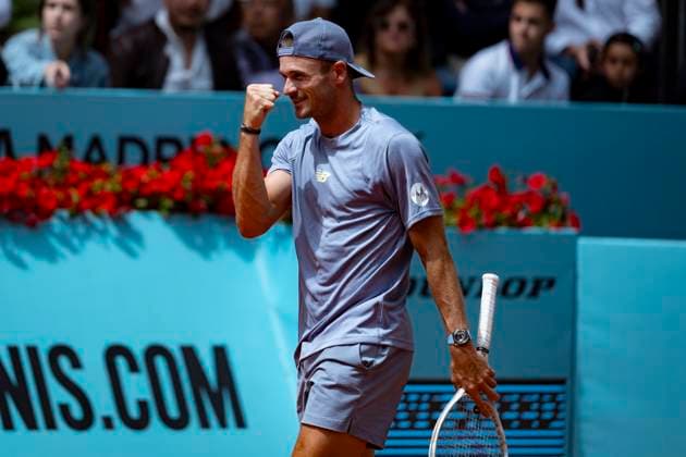 Mutua Madrid Open 2025 Tommy Paul of the USA celebrates victory after his match against Karen Khachanov during their match at the Mutua Madrid Open 2025 tournament celebrated at La Caja Magica on April 29, 2025 in Madrid, Spain. Madrid La Caja Magica Madrid Spain Copyright: xAlbertoxGardinx AGardin_20250429_Mutua_Madrid_Open_0364