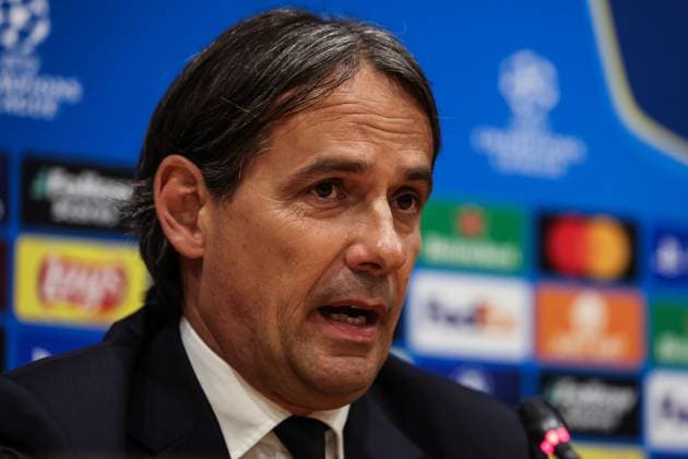 April 29, 2025, Barcelona, Barcelona, SPAIN: Simone Inzaghi, head coach of FC Internazionale attends his press conference, PK, Pressekonferenz during the training day of FC Internazionale Milano ahead the UEFA Champions League, football match against FC Barcelona, Barca at Estadi Olympic Lluis Companys on April 29, 2025 in Barcelona, Spain. Barcelona SPAIN - ZUMAa181 20250429_zaa_a181_451 Copyright: xJavierxBorregox
