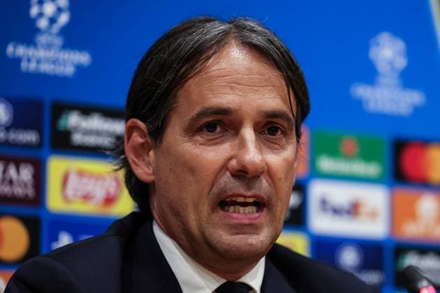 April 29, 2025, Barcelona, Barcelona, SPAIN: Simone Inzaghi, head coach of FC Internazionale attends his press conference, PK, Pressekonferenz during the training day of FC Internazionale Milano ahead the UEFA Champions League, football match against FC Barcelona, Barca at Estadi Olympic Lluis Companys on April 29, 2025 in Barcelona, Spain. Barcelona SPAIN - ZUMAa181 20250429_zaa_a181_455 Copyright: xJavierxBorregox