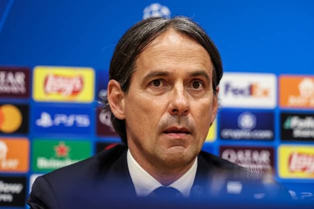 April 29, 2025, Barcelona, Barcelona, SPAIN: Simone Inzaghi, head coach of FC Internazionale attends his press conference, PK, Pressekonferenz during the training day of FC Internazionale Milano ahead the UEFA Champions League, football match against FC Barcelona, Barca at Estadi Olympic Lluis Companys on April 29, 2025 in Barcelona, Spain. Barcelona SPAIN - ZUMAa181 20250429_zaa_a181_441 Copyright: xJavierxBorregox