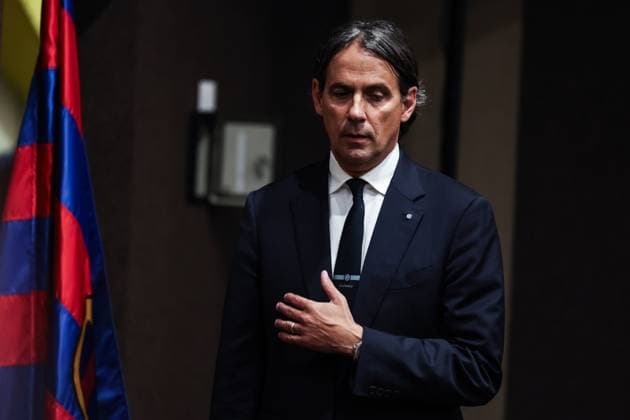 April 29, 2025, Barcelona, Barcelona, SPAIN: Simone Inzaghi, head coach of FC Internazionale attends his press conference, PK, Pressekonferenz during the training day of FC Internazionale Milano ahead the UEFA Champions League, football match against FC Barcelona, Barca at Estadi Olympic Lluis Companys on April 29, 2025 in Barcelona, Spain. Barcelona SPAIN - ZUMAa181 20250429_zaa_a181_434 Copyright: xJavierxBorregox