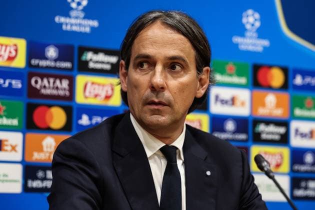 April 29, 2025, Barcelona, Barcelona, SPAIN: Simone Inzaghi, head coach of FC Internazionale attends his press conference, PK, Pressekonferenz during the training day of FC Internazionale Milano ahead the UEFA Champions League, football match against FC Barcelona, Barca at Estadi Olympic Lluis Companys on April 29, 2025 in Barcelona, Spain. Barcelona SPAIN - ZUMAa181 20250429_zaa_a181_438 Copyright: xJavierxBorregox