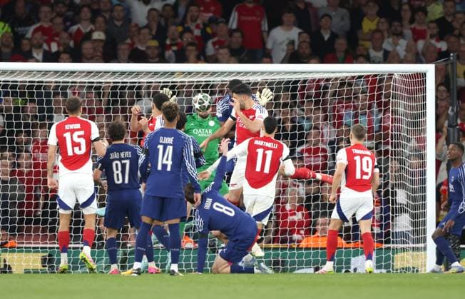 Mikel Merino (A) heads the equaliser goal, before it was ruled offside for Arsenal at the Arsenal v Paris Saint-Germain UEFA Champions League semi-final match, at the Emirates Stadium, London, UK on 29th April, 2025. 