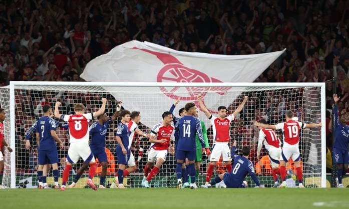 Mikel Merino (A) celebrates the equaliser goal, before it was ruled offside for Arsenal at the Arsenal v Paris Saint-Germain UEFA Champions League semi-final match, at the Emirates Stadium, London, UK on 29th April, 2025. 