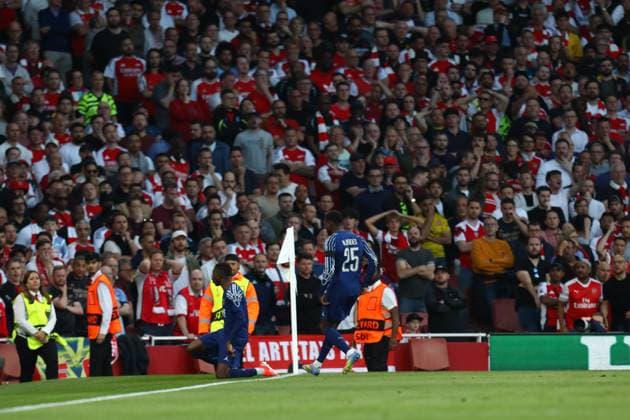 April 29, 2025, London, United Kingdom: OUSMANE DEMBELE of PSG celebrates with his teammates after scoring their side s first goal in the UEFA 2024 25 Semi-Final first leg game between ARSENAL and PARIS SAINT GERMAIN at the Emirates Stadium in London, England London United Kingdom - ZUMAc179 20250429_zep_c179_074 Copyright: xMickaelxChavetx
