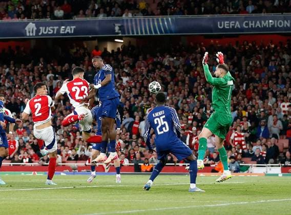 Mikel Merino (23)of Arsenal heads past the PSG goalkeeper Gianluigi Donnarumma but his goal is ruled out for offside Arsenal v Paris Saint-Germain, Football, UEFA Champions League, Semi-Final 1st Leg, Emirates Stadium, Islington, London, UK - 29 04 2025 Editorial use only  Copyright: xMattxImpey Shutterstockx 15276217u