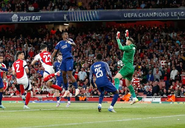Mikel Merino (23)of Arsenal heads past the PSG goalkeeper Gianluigi Donnarumma but his goal is ruled out for offside Arsenal v Paris Saint-Germain, Football, UEFA Champions League, Semi-Final 1st Leg, Emirates Stadium, Islington, London, UK - 29 04 2025 Editorial use only  Copyright: xMattxImpey Shutterstockx 15276217v