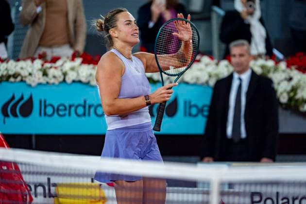 Mutua Madrid Open 2025 Aryna Sabalenka of Belarus celebrates victory after her match against Peyton Stearns of the United States during the Women s Singles Round of 16 match of the Mutua Madrid Open 2025 tournament celebrated at La Caja Magica on April 29, 2025 in Madrid, Spain. Madrid La Caja Magica Madrid Spain Copyright: xAlbertoxGardinx AGardin_20250429_Mutua_Madrid_Open_1022