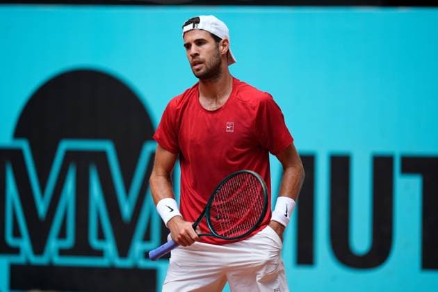 April 29, 2025, Madrid, Madrid, spain: Karen Khachanov of Russia reacts against Tommy Paul of USA during the Mutua Madrid Open 2025, ATP, Tennis Herren Masters 1000 and WTA, Tennis Damen 1000, tennis tournament celebrated at Caja Magica on April 29, 2025 in Madrid, Spain. Madrid spain - ZUMAOpen 20250429_zaa_a181_275 Copyright: xDennisxAgyemanx