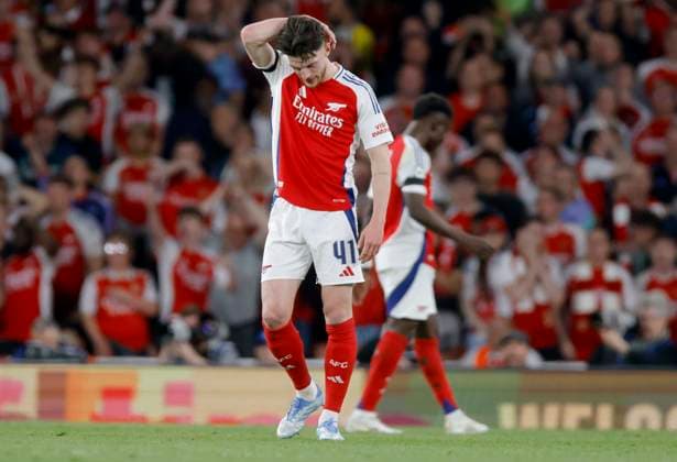 Arsenal FC v Paris Saint-Germain - UEFA Champions League 2024 25 Semi Final First Leg Declan Rice of Arsenal looks dejected during the UEFA Champions League 2024 25 Semi Final First Leg match between Arsenal FC and Paris Saint-Germain at Emirates Stadium on April 29, 2025 in London, England. London Emirates Stadium England United Kingdom Copyright: xNigelxFrench Sportsphoto APLx 14126057