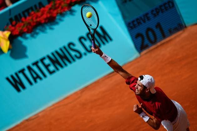 April 29, 2025, Madrid, Spain: KAREN KHACHANOV of Russia plays against T. Paul of USA during the ATP, Tennis Herren Mutua Madrid Open 2025, tennis tournament celebrated at Caja Magica Tuesday. Madrid Spain - ZUMAa181 20250429_zaa_a181_280 Copyright: xDennisxAgyemanx