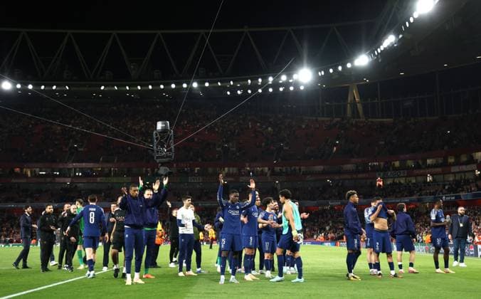 PSG players celebrate victory at the Arsenal v Paris Saint-Germain UEFA Champions League semi-final match, at the Emirates Stadium, London, UK on 29th April, 2025. 