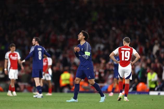 Arsenal gegen PSG 29. April 2025, London UEFA Champions League Fußball-Halbfinale, Hinspiel Arsenal gegen Paris Saint Germain Marquinhos von PSG jubelt Foto Jacques Feeney Abseits London UK  Copyright: xJacquesxFeeneyx xOffsidexOffside
