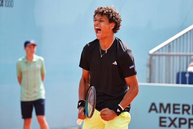 Gabriel Diallo (CAN), APRIL 29, 2025 - Tennis : Gabriel Diallo celebrate after winning singles round of 32 match against Cameron Norrie on the ATP, Tennis Herren tour Masters 1000 tournaments Mutua Madrid Open tennis tournament at the Caja Magica in Madrid, Spain. Noxthirdxpartyxsales  (289068900)