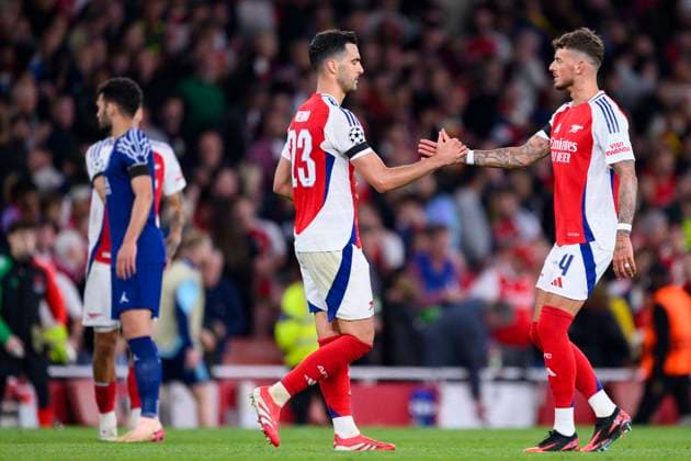 Arsenal FC v Paris Saint-Germain - UEFA Champions League 2024 25 Semi-Finals First Leg LONDON, ENGLAND - APRIL 29: Mikel Merino (L) and Ben White of Arsenal FC (R) following the UEFA Champions League 2024 25 Semi Final First Leg match between Arsenal FC and Paris Saint-Germain at Arsenal Stadium on April 29, 2025 in London, England. (Photo by Richard Callis Sports Press Photo) LondonUnited Kingdom  Copyright: xRichardxCallisx