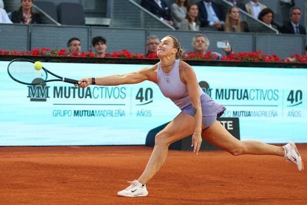 April 29, 2025, Madrid, Madrid, Spain: Aryna Sabalenka of Belarus in action against Peyton Stearns of USA during the Mutua Madrid Open 2025, ATP, Tennis Herren Masters 1000 and WTA, Tennis Damen 1000 tennis tournament, celebrated at Caja Magica on April 29, 2025 in Madrid, Spain. Madrid Spain - ZUMAa181 20250429_zaa_a181_720 Copyright: xIrinaxR.xHipolitox
