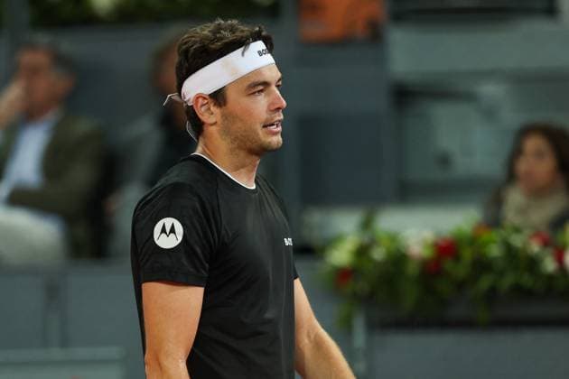 April 29, 2025, Madrid, Madrid, Spain: Taylor Fritz of USA gestures against Casper Ruud of Norway during the Mutua Madrid Open 2025, ATP, Tennis Herren Masters 1000 and WTA, Tennis Damen 1000 tennis tournament, celebrated at Caja Magica on April 29, 2025 in Madrid, Spain. Madrid Spain - ZUMAa181 20250429_zaa_a181_731 Copyright: xIrinaxR.xHipolitox