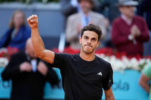 April 29, 2025, Madrid, Madrid, Spain: Francisco Cerundolo of Argentina reacts after winning against Alexander Zverev of Germany during the Mutua Madrid Open 2025, ATP, Tennis Herren Masters 1000 and WTA, Tennis Damen 1000 tennis tournament, celebrated at Caja Magica on April 29, 2025 in Madrid, Spain. Madrid Spain - ZUMAa181 20250429_zaa_a181_575 Copyright: xOscarxJ.xBarrosox