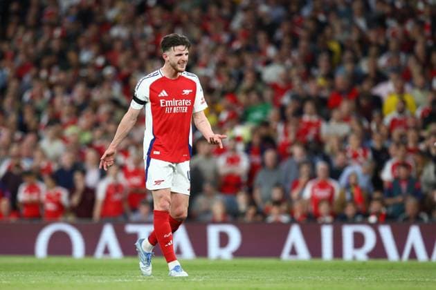 April 29, 2025, London, United Kingdom: DECLAN RICE of ARSENAL reacts in the UEFA 2024 25 Semi-Final first leg game between ARSENAL and PARIS SAINT GERMAIN at the Emirates Stadium in London, England London United Kingdom - ZUMAc179 20250429_zep_c179_143 Copyright: xMickaelxChavetx