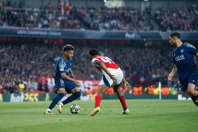 UEFA Champions League - Arsenal v Paris Saint-Germain Désiré Doué facing Myles Lewis-Skelly during the UEFA Champions League 2024 25 Semi Final first Leg match between Arsenal and Paris Saint-Germain at Arsenal Emirate Stadium on April 29, 2025 in London, UK. Photo by Lounis Tiar ABACAPRESS.COM London United Kingdom  Copyright: xLounisPhotography ABACAx