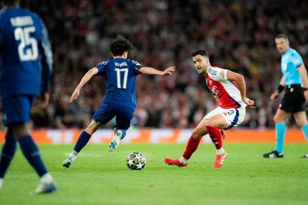 Arsenal FC v Paris Saint-Germain - UEFA Champions League Semi-final First Leg Mikel Merino of Arsenal celebrates after scoring during the UEFA Champions League semi-final first leg match between Arsenal and Paris Saint-Germain at Emirates Stadium in London, England, on April 29, 2025. Copyright: xTaiseixIwamotox